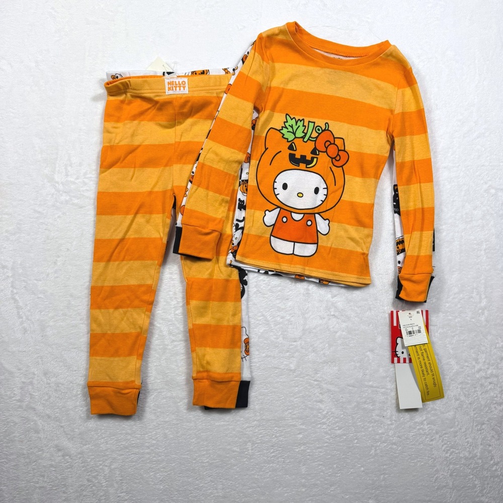 Sanrio Hello Kitty Halloween Pumpkin Orange Striped Pajama Set Kids Size 4 NEW